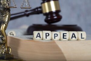 Word APPEAL composed of wooden letters with a statue of Themis and judge's gavel in the background